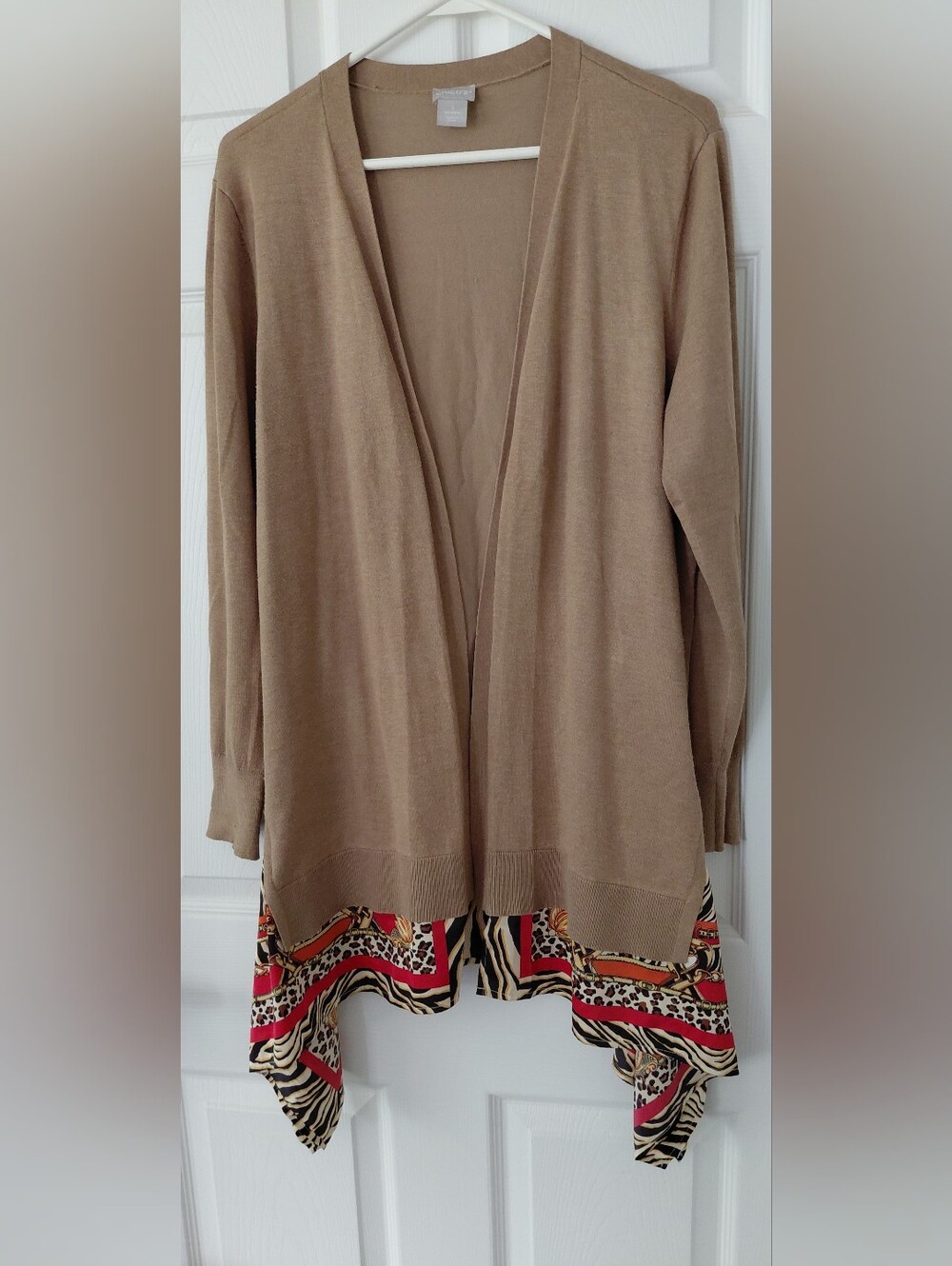 Chico's Tan Open-Front Cardigan with Printed Hem